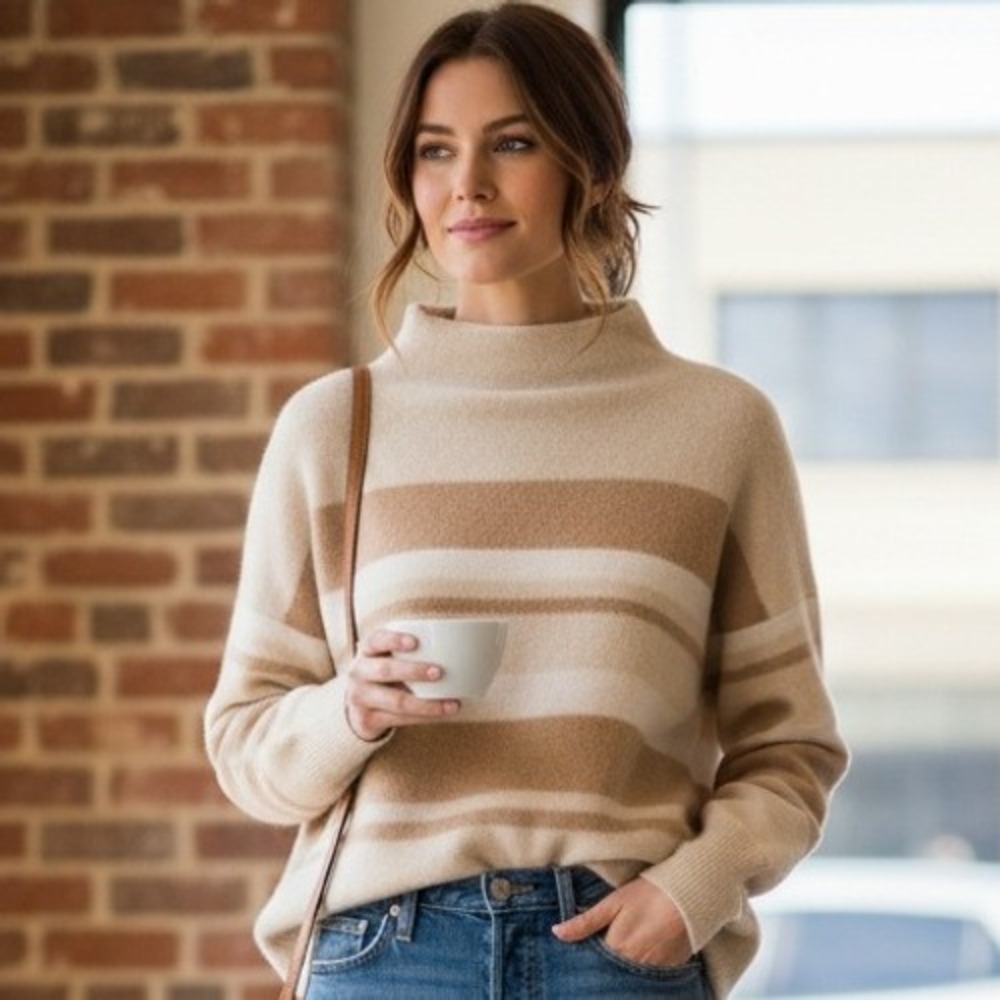 Vince Cashmere‎ Mock Neck Sweater Women's Small Striped Cream Brown Soft Knit